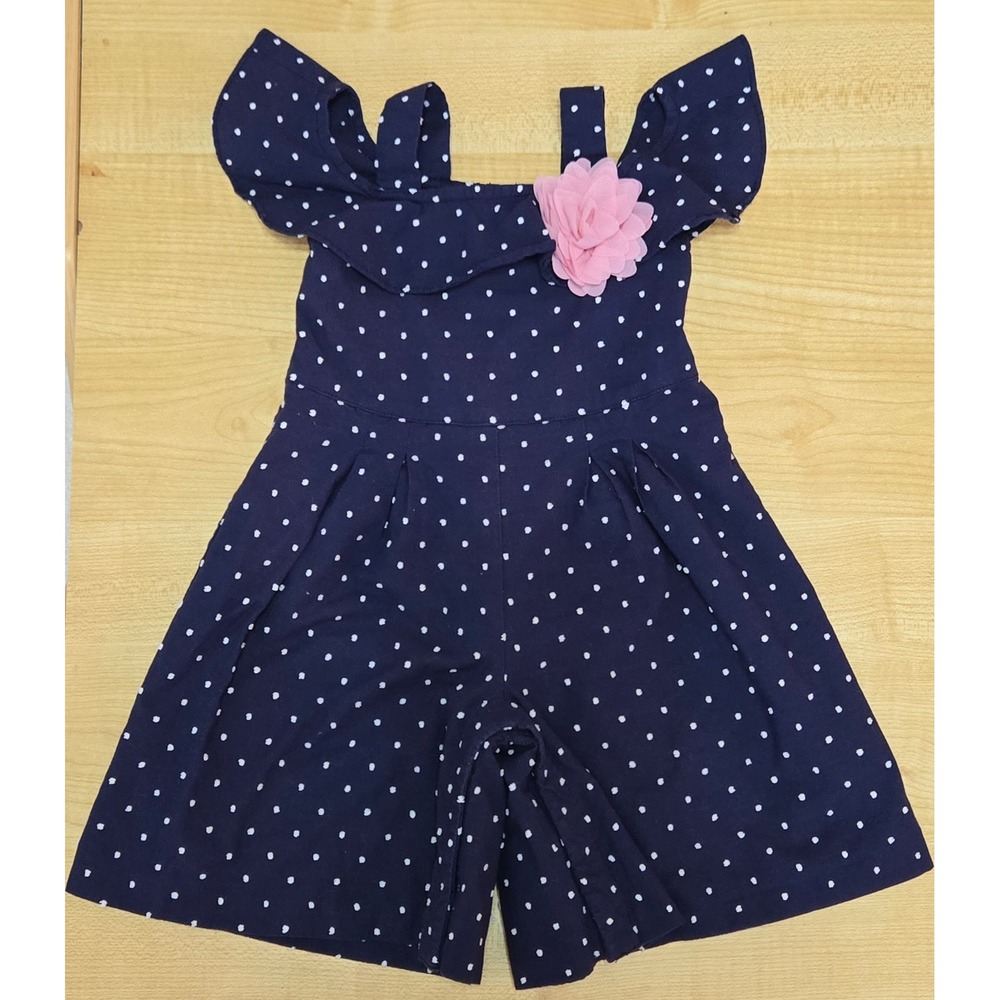 Janie and Jack Navy Polka Dot Cold Shoulder Romper Pink Flower 6-12 Months